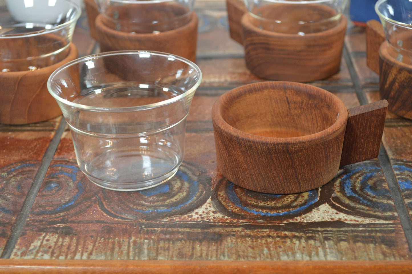 Jenaer Glas Schott Mainz teglas fra midten af ​​århundredet med teak-indsats 1960'er-design